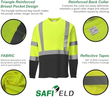 Hi Vis Safety Shirts for Men Reflective,High Visibility Work T-Shirt Short Long Sleeve with Pocket, 3 and 5 Pack