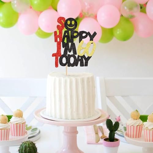 Ercadio 1PCS So Happy I'm 60 Today Cupcake Toppers Glitter 60th Birthday Cake Toppers Funny 60th Cake Topper for Men or Women Picks for Birthday Party Cake Decorations Supplies