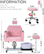Pedicure Chair w/Foot Spa Basin, Adjustable Salon Chair w/ 360° Swivel & Reclining Backrest, Nail Tech Station with Stool & Footrest, Heavy Duty Spa Chair for Home Salon (Pink)