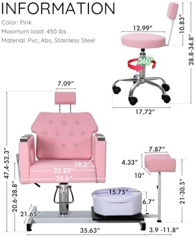 Pedicure Chair w/Foot Spa Basin, Adjustable Salon Chair w/ 360° Swivel & Reclining Backrest, Nail Tech Station with Stool & Footrest, Heavy Duty Spa Chair for Home Salon (Pink)