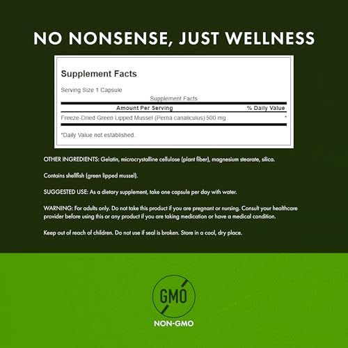 Swanson Green Lipped Mussel (Freeze-Dried) - New Zealand Joint Health & Mobility Supplement - Natural Formula May Support Heart Health & Digestive Function - (60 Capsules, 500mg Each)