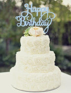 Happy Birthday Cake Topper - Light Blue Glitter Happy Birthday Cake Bunting Decor - Birthday Party Cake Decoration Supplies, for Photo Booth Props