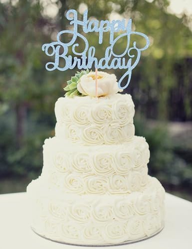 Happy Birthday Cake Topper - Light Blue Glitter Happy Birthday Cake Bunting Decor - Birthday Party Cake Decoration Supplies, for Photo Booth Props