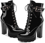 Z.Oufeier Women's Platform High Chunky Heel Combat Goth Ankle Boots Buckles Patent Leather Lace Up Block Heeled Booties