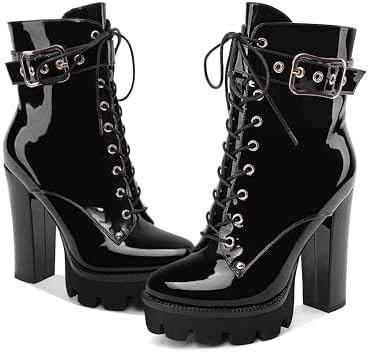 Z.Oufeier Women's Platform High Chunky Heel Combat Goth Ankle Boots Buckles Patent Leather Lace Up Block Heeled Booties