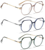 3 Pack Retro Polygon Reading Glasses For Women Blue Light Blocking Oversized Eyeglass Frames Large lens