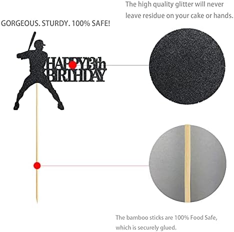 Black Baseball 13 Birthday Cake Topper, Glitter Happy 13th Birthday Party Decoration