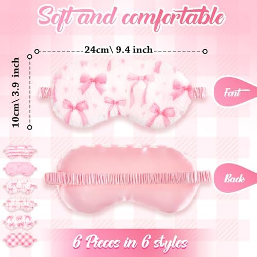 Cuffbow 6 Pack Plush Sleep Mask Set, Cute Plush Eye Masks for Sleeping, Soft Comfortable Travel Nap Blindfold, Sleepover Party Favors for Women(Plaid Bow,Pink)