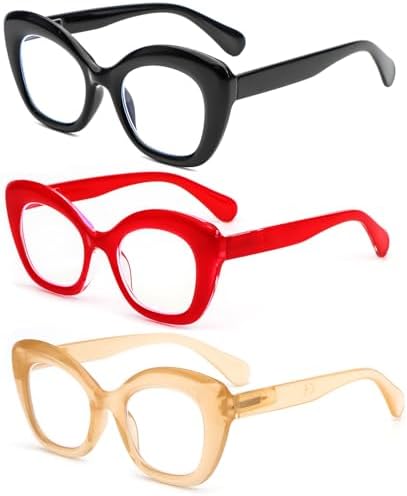 REAVEE 3 Pack Oversized Cat Eye Reading Glasses for Women men Thick Frame, Blue Light Blocking Readers Stylish Large Eyewear