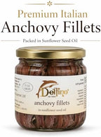 Delfino Battista Anchovy Fillets in Oil from Cetara Italy, 14.5 Ounce Glass Jar – Premium Anchovy Fillets, Canned Anchovies, Tinned Anchovies, Gourmet Fish Fillet Quality