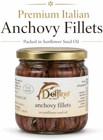 Delfino Battista Anchovy Fillets in Oil from Cetara Italy, 14.5 Ounce Glass Jar – Premium Anchovy Fillets, Canned Anchovies, Tinned Anchovies, Gourmet Fish Fillet Quality