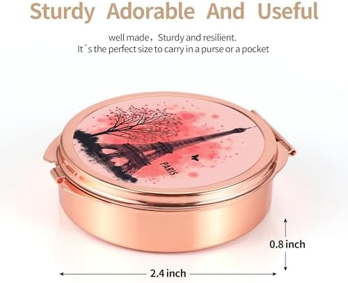 Pill Case Pill Box with Mirror Pocket 3 Compartment Medicine Case Vitamin Pill Organizer for Pocket Purse and Travel (Round, Rose Gold-Paris Eiffel)