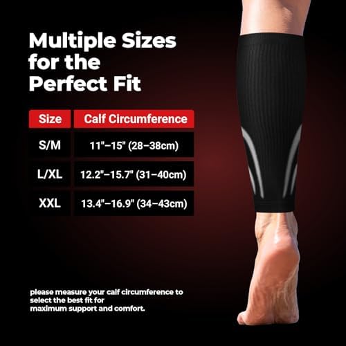 Calf Compression Sleeves for Men & Women (1 Pair), Footless Compression Socks for Leg Support, Shin Splints, Running, Fitness, Travel, Breathable Nylon & Spandex Calf Sleeves, Black