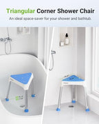 Space-Saving Triangular Shower Chair for Elderly and Disabled, 400 lbs Adjustable Shower Stool Seat with Stable-Bracing, Non-Slip Bathtub Chair, Tool-Free Assembly, Blue With Eva Pad