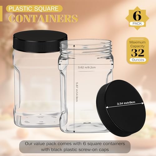 Geiserailie 6 Pcs Square Clear Plastic Jars with Pinch Handle Plastic Storage Container with Screw-on Lids Reusable Wide Mouth Canisters for Dry Good Peanut Cookies Candy (32 oz,Black Lids)
