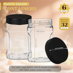 Geiserailie 6 Pcs Square Clear Plastic Jars with Pinch Handle Plastic Storage Container with Screw-on Lids Reusable Wide Mouth Canisters for Dry Good Peanut Cookies Candy (32 oz,Black Lids)