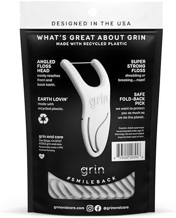 GRIN Molar Flosspyx, Floss Picks, 75 Count, Dental Flossers, Minty Flavor, Recycled Plastic, Great for Reaching Back Teeth, Slide Easily Between Teeth, Includes Safe Soft Fold-Back Tooth Pick