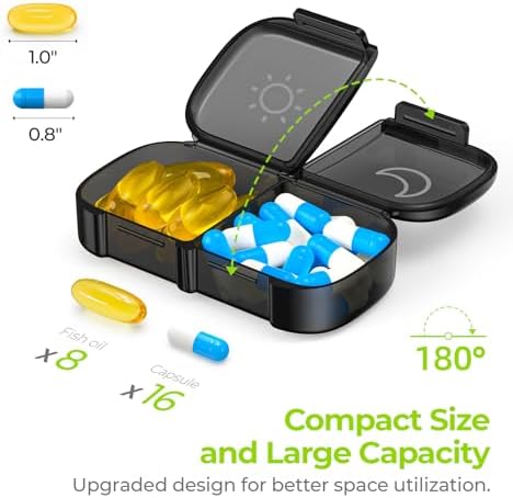 AUVON XL Weekly Pill Organizer 2 Times a Day, Pill Box 7 Day with One-Side Large Openings for Easy to Use, Black Privacy Protection AM PM Pill Case for Medication, Vitamins, Fish Oils, Supplements