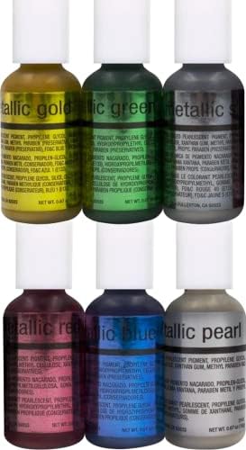 Chefmaster 6-Bottle Set of Metallic Airbrush Food Coloring, Rich Colors, Edible Glitter, Professional-Grade Dye for Icing, Frosting, Fondant, Chocolate, Made in USA, 0.67 oz Each