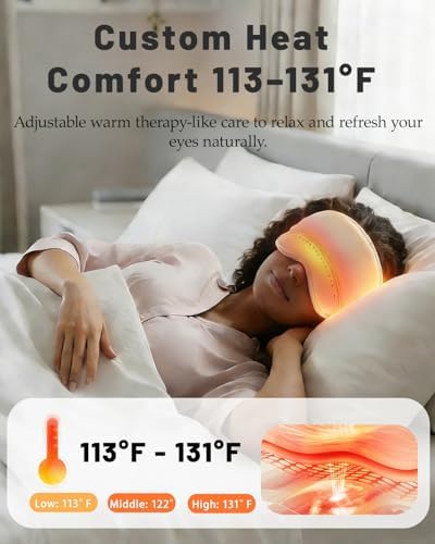 Sleep Mask with Heat,4 Modes 3 Temperature Settings,6 Airbags Compression Head and Eye Massager,Eye Care Device with Remote Control, Portable Relaxation for Home Travel Office Use (Creamy White)