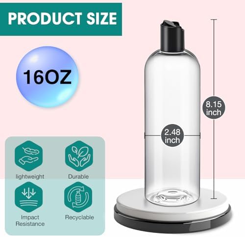 3Pcs 16 oz Clear Plastic Refillable Travel Shampoo and Conditioner Bottles with Black Disc Top Caps，Squeeze Empty Bottles Cosmetic Containers for Lotions, Body Soap Cream