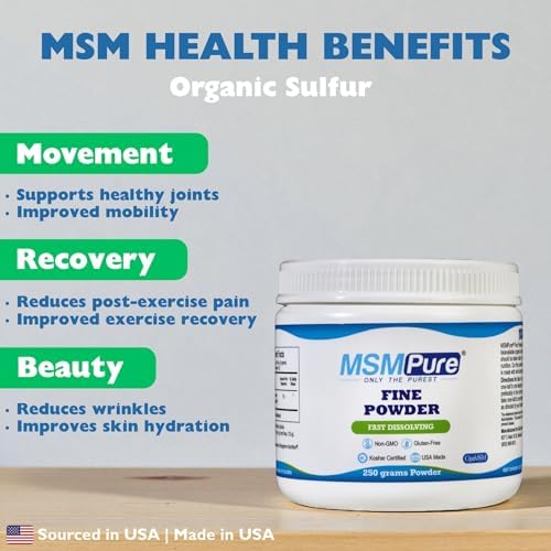 KALA HEALTH MSMPure Fast Dissolving Fine MSM Powder Crystals – US-Made MSM for Joint Health, Skin Appearance, and Hair & Nail Support – 8.8 oz, Organic Sulfur