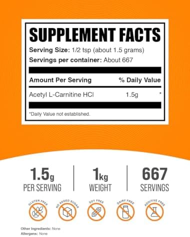 BulkSupplements.com Acetyl L-Carnitine Powder - as ALCAR HCl, Carnitine Supplement - Gluten Free, 1.5g per Serving, 1kg (2.2 lbs) (Pack of 1)