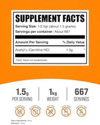 BulkSupplements.com Acetyl L-Carnitine Powder - as ALCAR HCl, Carnitine Supplement - Gluten Free, 1.5g per Serving, 1kg (2.2 lbs) (Pack of 1)