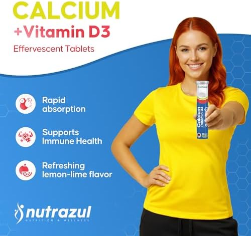 Nutrazul Calcium + Vitamin D3 Effervescent Tablets, for Bone Health Maintenance, 500 mg Calcium and 2.5 mcg Vitamin D3, Suitable Supplements for Women & Men, Lemon-Lime Flavor, 60 Tablets