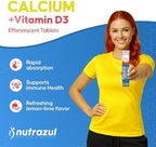 Nutrazul Calcium + Vitamin D3 Effervescent Tablets, for Bone Health Maintenance, 500 mg Calcium and 2.5 mcg Vitamin D3, Suitable Supplements for Women & Men, Lemon-Lime Flavor, 60 Tablets