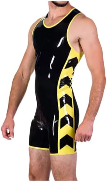 Latex clothing Handmade Latex Jumpsuit Rubber Catsuit Sleeveless Fitness Set With Crotch Zip Black With Yellow For Men