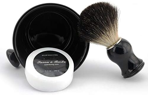 Ceramic Shaving Soap Bowl Kit For Men, Pure Badger Shaving Brush, Shaving Cream Soap, Wide Mouth, Ceramic Black Shaving Soap Bowl/Mug with Knob Handle