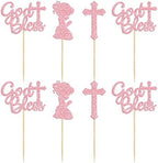 Gyufise 24Pcs Pink Glitter God Bless and Cross Cupcake Toppers Girl Babyshower Cake Topper Decorations for Babyshower Girl Baptism Party Decoration Supplies