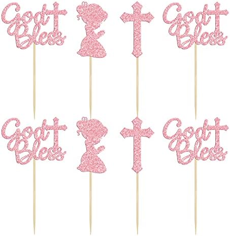 Gyufise 24Pcs Pink Glitter God Bless and Cross Cupcake Toppers Girl Babyshower Cake Topper Decorations for Babyshower Girl Baptism Party Decoration Supplies