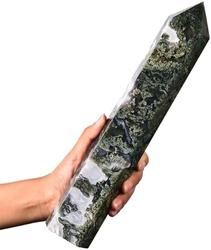 AMOYSTONE Extra Large Healing Crystal Obelisk Towers Moss Agate Point Wand Home Decor Reiki Healing 4.0-4.4LBS