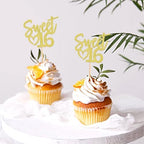 24 Pack Sweet 16 Cupcake Toppers Happy Sweet 16 Sweet Sixteen Birthday Cupcake Picks Happy 16 for 16th Birthday Adult Men Women Wedding Anniversary Party Cake Decorations Supplies gold