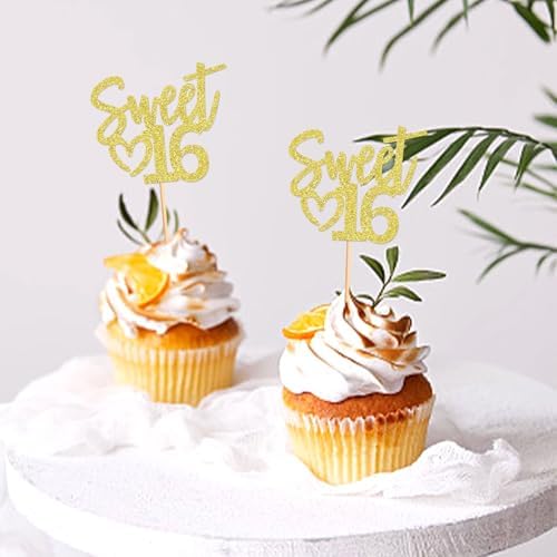24 Pack Sweet 16 Cupcake Toppers Happy Sweet 16 Sweet Sixteen Birthday Cupcake Picks Happy 16 for 16th Birthday Adult Men Women Wedding Anniversary Party Cake Decorations Supplies gold
