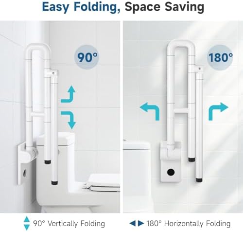 Flip Up Handicap Grab Bar, Hybodies Wall Mounted Folding Toilet Safety Rail with Floor Support, Non-Slip Toilet Handle for Bathroom, Assist Bar Handrails for Elderly Disabled Senior Pregnant