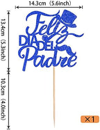Rsstarxi 1 Pack Happy Father's Day Cake Topper Glitter Feliz Dia Del Padre Cake Pick Love Dad Best Dad Cake Decoration for Happy Father's Day Party Supplies Blue