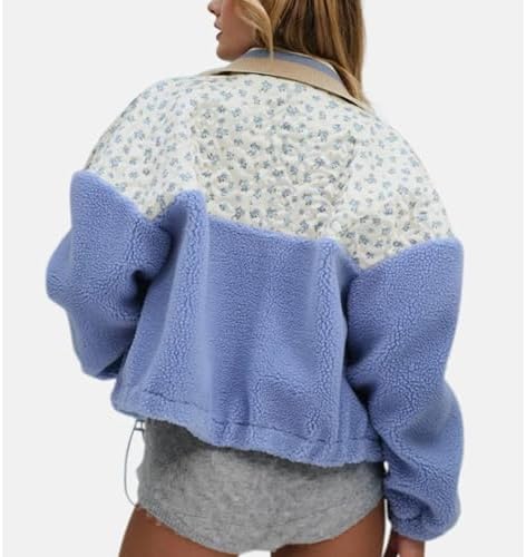 Ainangua Floral Fleece Jacket Women Cropped Long Sleeve Lapel Sherpa Coat Casual Zip Up Drawstring Shacket Jackets Fall Tops