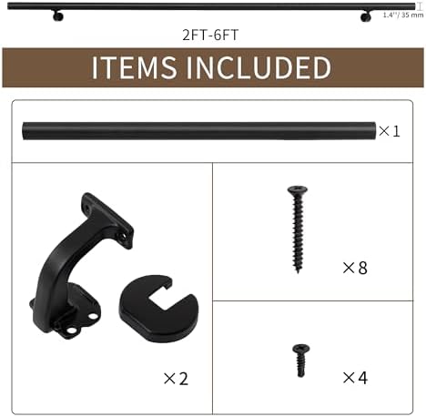 Handrails for Indoor Stairs,Deck,Slope,Modern Aluminum Handrail Set, Wall Mounted, with Zink-Alloy Brackets Aluminium Railing System,Rust Free. (Matte Black, 2 FT)