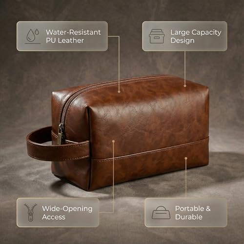 Men’s Toiletry Bag PU Leather Travel Dopp Kit – Water-Resistant Shaving Organizer with Large Opening, Portable Bathroom Wash Bag for Travel & Gym Trip Toiletry Case (Brown)