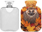 Autumn Leaves Hedgehog Hot Water Bottle with Velvet Cover Hot Water Bag for Hot and Cold Compress, 2 Liters
