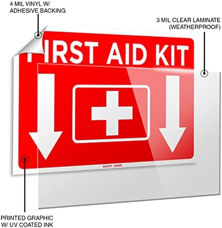 (Set of 2) First Aid Kit Sign - 10" x 7" 4 Mil Vinyl - LAMINATED For Ultimate Protection & Durability - Self Adhesive Decal - UV Protected & Weatherproof - Heavy Duty