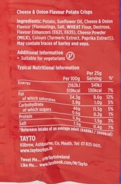 Tayto Cheese and Onion flavour crisps from Ireland (24x25g Packs)
