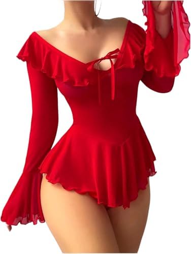 Sexy Lingerie for Women Rave Outfits Clubwear See Through Lingerie Sets Bell Sleeve Ruffle Mesh Tops