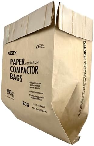 BestAir Heavy Duty Trash Compactor Bags (8-Pack) | Reinforced Bottom Seal | Wet-Strength Paper with Plastic Liner | Pre-Cuffed Flat Top for Secure Fit | 10-Gallon Capacity | 9" x 17" x 16"