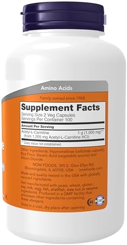 NOW Foods Supplements, Acetyl-L Carnitine 500 mg, Amino Acid, Brain And Nerve Cell Function*, 200 Veg Capsules
