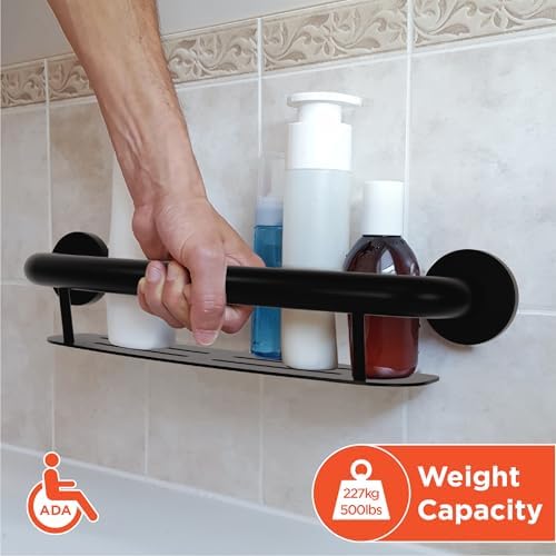 HEALTHCRAFT Plus 2-in-1 Shampoo Shelf and Grab Bar (19.5 Inch) | ADA Compliant Bathroom Safety Grab Bar for Seniors, Wall-Mounted, Supports Up to 500 lbs, Matte Black