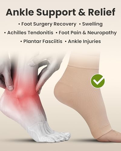 KEMFORD Ankle Compression Sleeve - 1-Pair, Plantar Fasciitis Braces - Open Toe Compression Socks for Swelling, Sprain, Neuropathy, Foot Arch Support for Men and Women - 20-30mmhg, L, Beige
